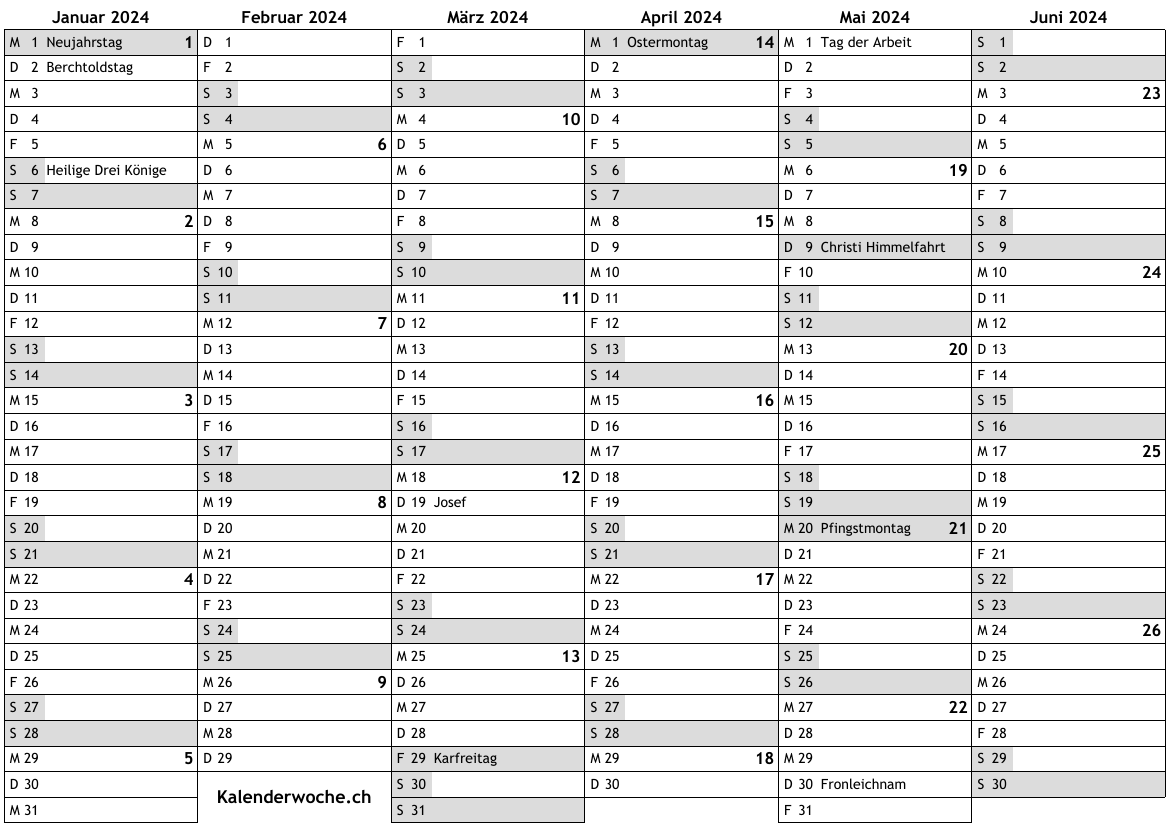 Kalender 2024 mit Kalenderwochen und Feiertagen in Schweiz … online