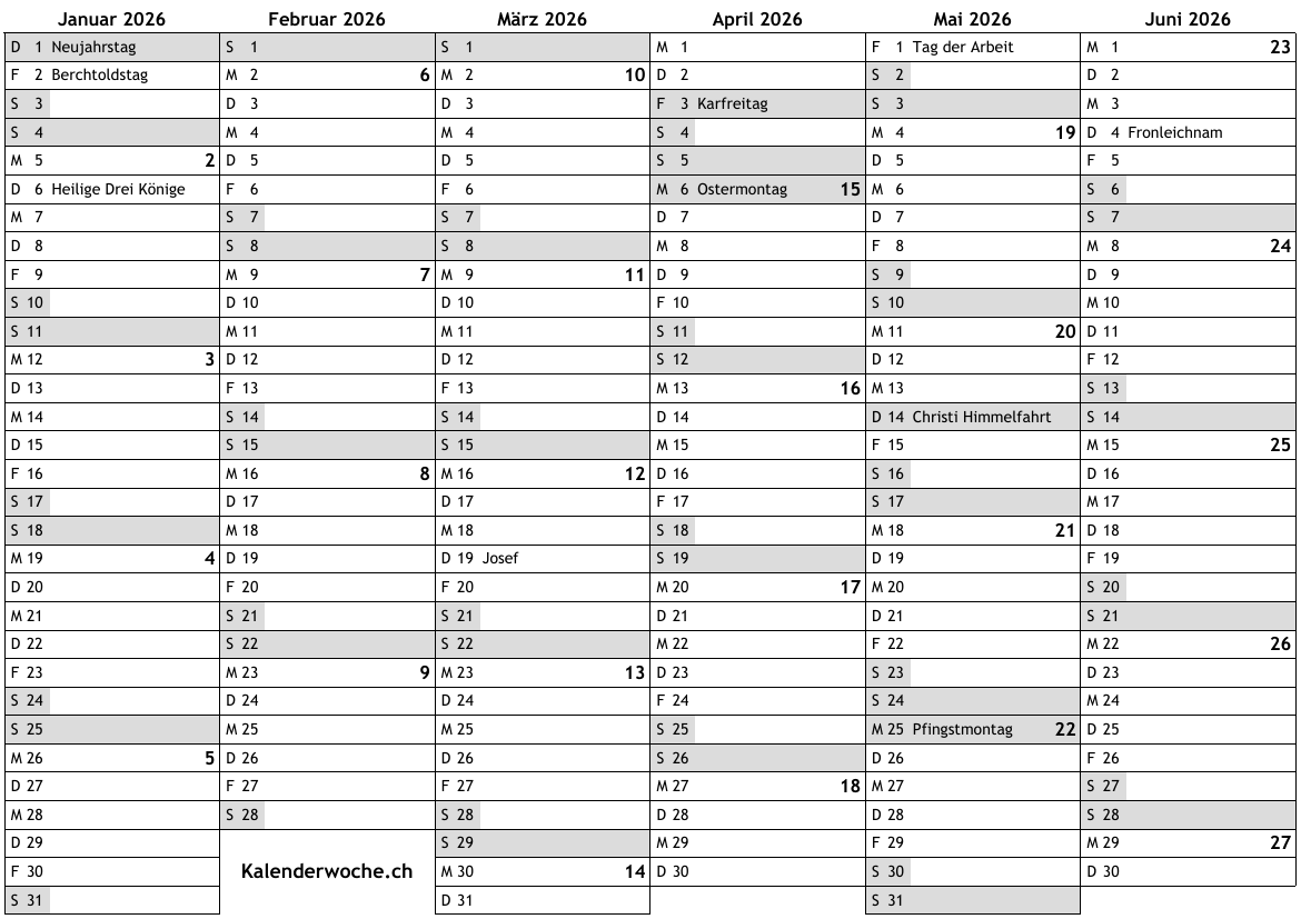 Kalender 2026 mit Kalenderwochen und Feiertagen in Schweiz … online ...